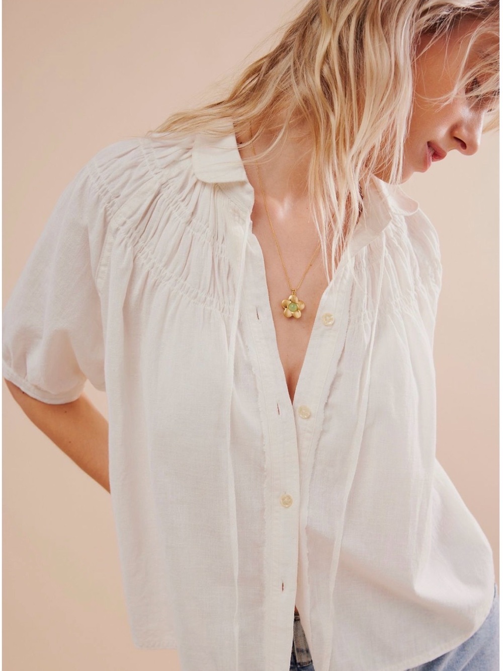 Free People Ryan Blouse - White Button-Front Smocked Blouse NWOT